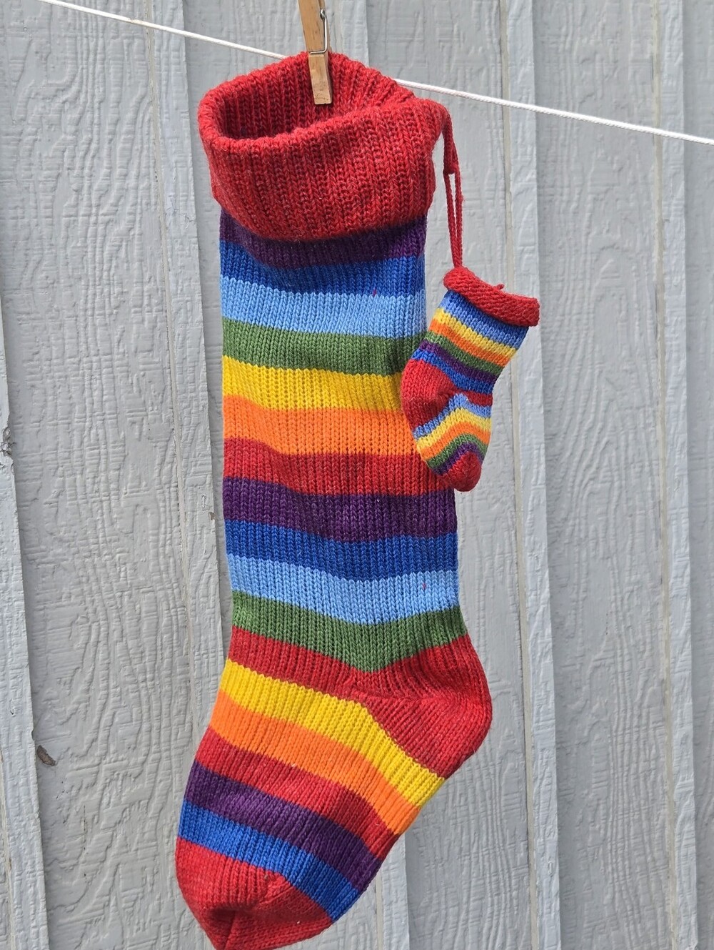 Handmade Rainbow Striped Christmas Stocking Set with Mini Stocking 19"